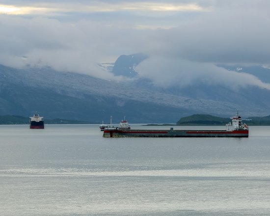 Flere lasteskip i fjord ved Nesna