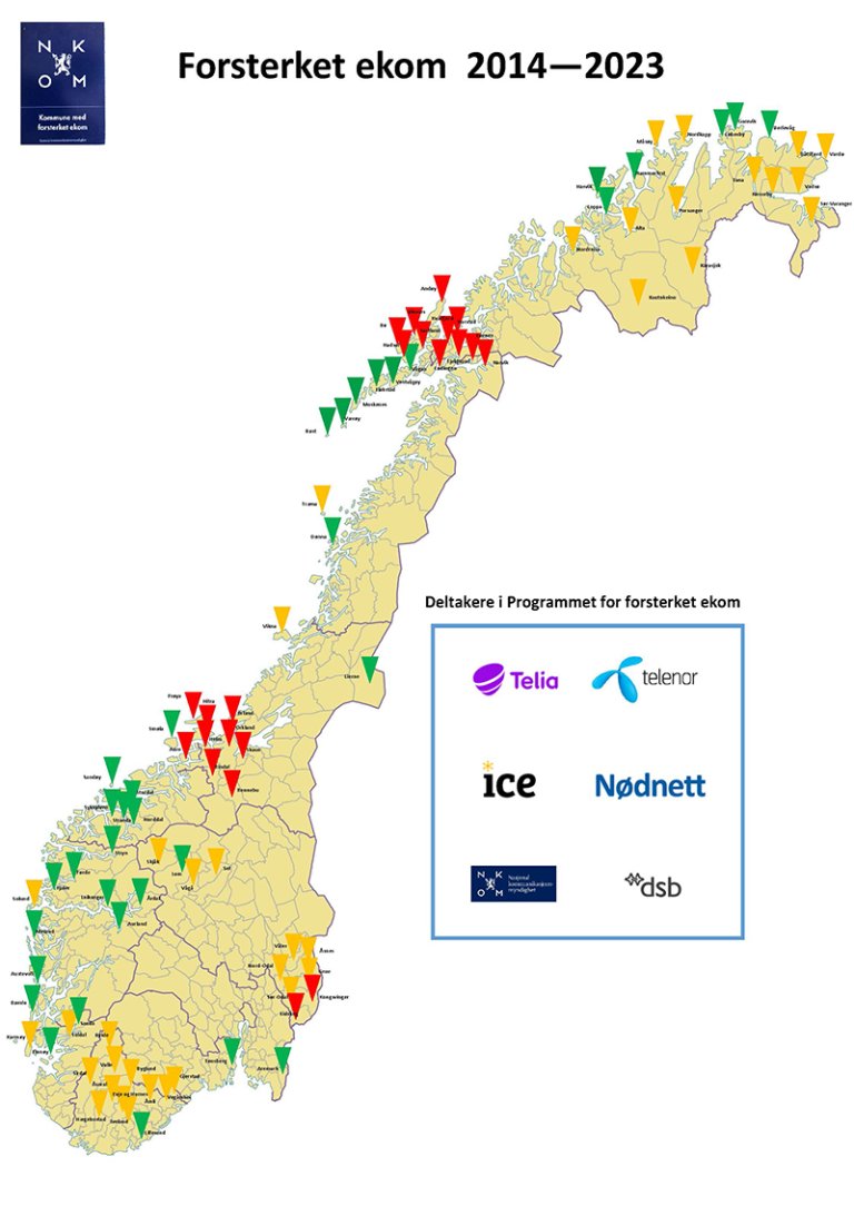 Norgeskart med informasjon over Nkoms program for forsterket ekom